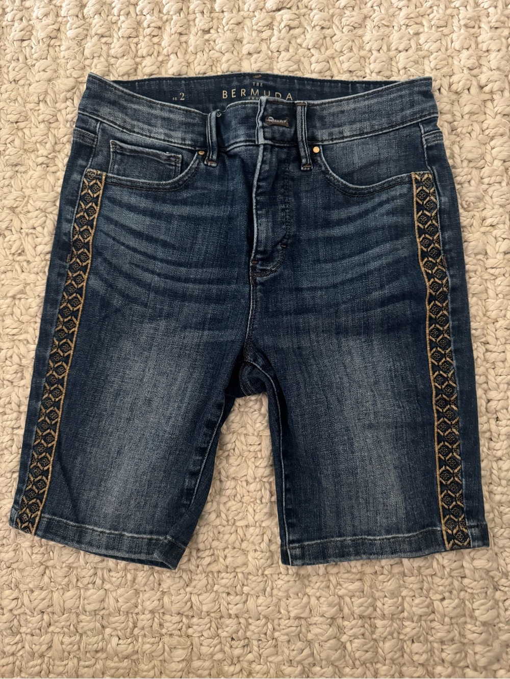 White House Black Market Dark Blue Denim Bermuda Shorts with Gold Trim